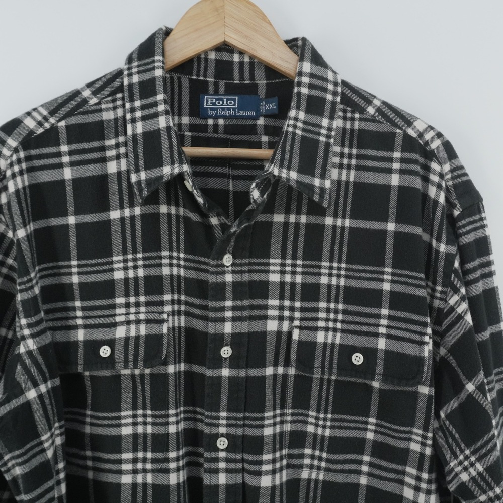 VTG Polo Ralph Lauren Flannel Shirt Men XXL Black White Plaid Button Down Pocket
